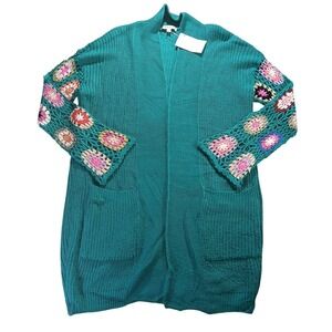 Blakeley Teal Crochet Granny Square Sleeve Open Front Cardigan OS New